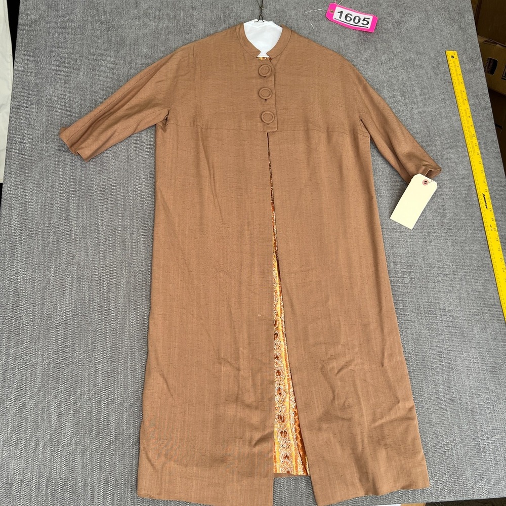 Vintage 60s Womens Duster Coat 40 Brown Paisley Lining Boho Retro Chic Longline